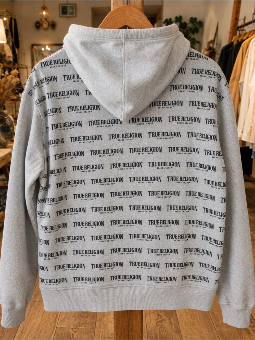 True Religion All Over Logo Gray Pullover Hoodie Men’s Medium